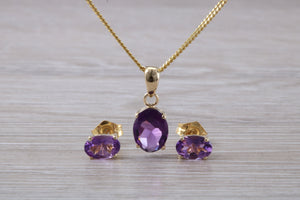 Oval cut Amethyst Earrings and Matching Necklace set in Yellow Gold