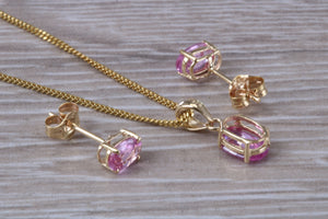 Oval Drop cut Pink Sapphire Matching Stud Earrings and Necklace set in Yellow Gold