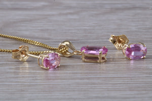 Oval Drop cut Pink Sapphire Matching Stud Earrings and Necklace set in Yellow Gold