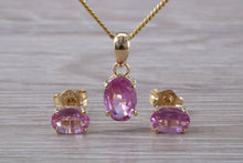 Load image into Gallery viewer, Oval Drop cut Pink Sapphire Matching Stud Earrings and Necklace set in Yellow Gold