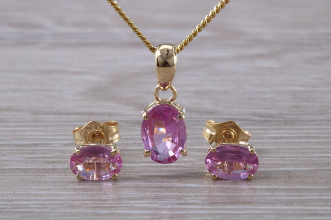 Oval Drop cut Pink Sapphire Matching Stud Earrings and Necklace set in Yellow Gold