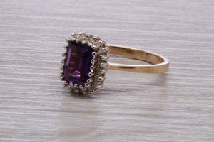 Amethyst and Diamond Halo set Yellow Gold Ring