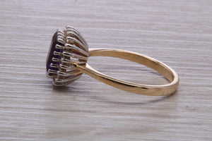 Amethyst and Diamond Halo set Yellow Gold Ring