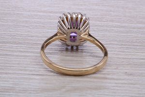 Amethyst and Diamond Halo set Yellow Gold Ring