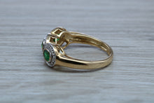 Load image into Gallery viewer, Three Emeralds and Diamonds set Yellow Gold Ring
