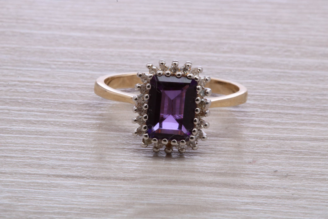 Amethyst and Diamond Halo set Yellow Gold Ring