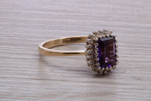 Amethyst and Diamond Halo set Yellow Gold Ring