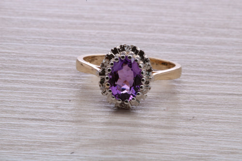 Amethyst and Diamond Halo set Yellow Gold Ring