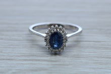 Load image into Gallery viewer, Halo set Blue Sapphire and Diamond Ring