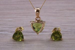 Trillion cut Peridot Earrings and Matching Necklace set Yellow Gold