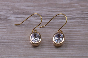 Oval cut Diamond White Cubic Zirconia set Yellow Gold Dropper Earrings