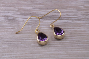 Tear drop cut Amethyst set Dropper Earrings set in Yellow gold