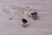 Load image into Gallery viewer, Tear drop cut Amethyst set Dropper Earrings set in Yellow gold