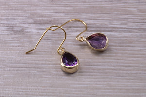 Tear drop cut Amethyst set Dropper Earrings set in Yellow gold