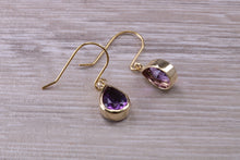 Load image into Gallery viewer, Tear drop cut Amethyst set Dropper Earrings set in Yellow gold