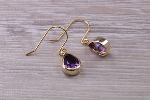 Tear drop cut Amethyst set Dropper Earrings set in Yellow gold