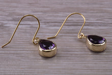 Load image into Gallery viewer, Tear drop cut Amethyst set Dropper Earrings set in Yellow gold