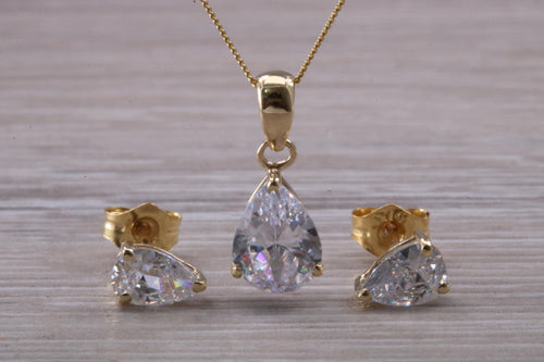 Tear Drop cut Yellow Gold C Z set Diamond Look Earrings and Matching Necklace