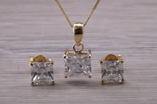 Square cut Yellow Gold C Z set Diamond Look Earrings and Matching Necklace