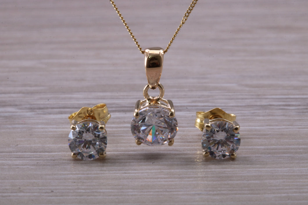 Round cut Yellow Gold C Z set Diamond Look Earrings and Matching Necklace