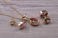 Load image into Gallery viewer, Oval cut Pink Sapphire Earrings and Matching Necklace Set in Yellow Gold