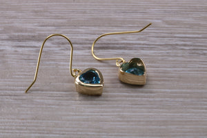 Love Heart cut Blue Topaz Dropper Earrings set in Yellow gold