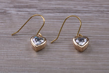 Load image into Gallery viewer, Love Hearts cut Diamond White Cubic Zirconia set Dropper Earrings, set in Yellow gold