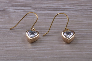 Love Hearts cut Diamond White Cubic Zirconia set Dropper Earrings, set in Yellow gold