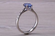 Load image into Gallery viewer, One carat Ceylon Blue Sapphire and Diamond set ring, natural Sapphire and Diamonds, guaranteed Ceylon Sapphire, Platinum or 18ct Yellow Gold