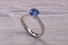 Load image into Gallery viewer, One carat Ceylon Blue Sapphire and Diamond set ring, natural Sapphire and Diamonds, guaranteed Ceylon Sapphire, Platinum or 18ct Yellow Gold