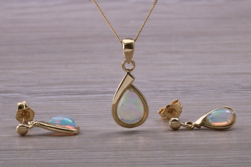 Opal Dropper Earrings with Matching Necklace set in Yellow Gold