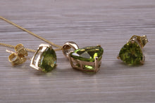 Load image into Gallery viewer, Trillion cut Peridot Earrings and Matching Necklace set Yellow Gold