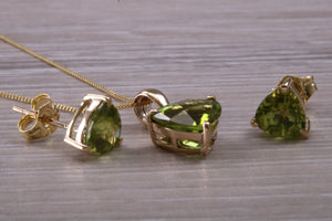 Trillion cut Peridot Earrings and Matching Necklace set Yellow Gold