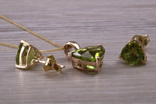 Load image into Gallery viewer, Trillion cut Peridot Earrings and Matching Necklace set Yellow Gold