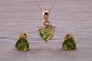 Trillion cut Peridot Earrings and Matching Necklace set Yellow Gold