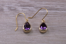 Load image into Gallery viewer, Tear drop cut Amethyst set Dropper Earrings set in Yellow gold