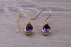 Tear drop cut Amethyst set Dropper Earrings set in Yellow gold