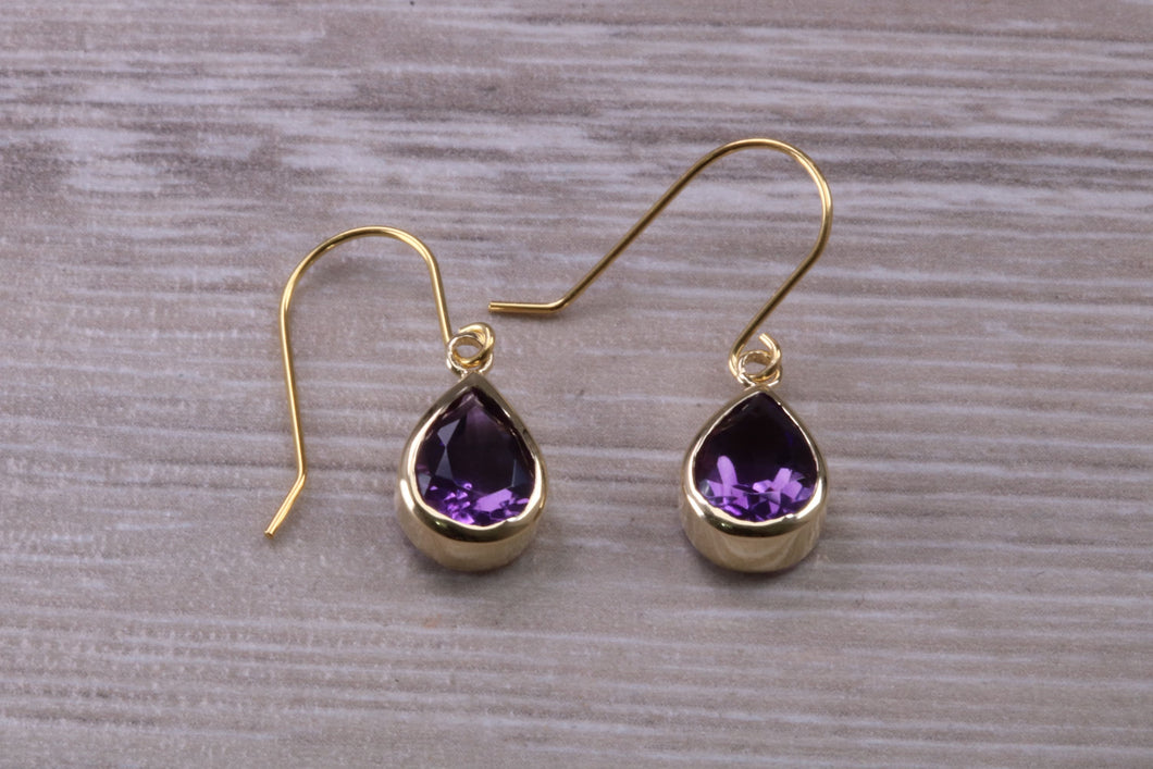 Tear drop cut Amethyst set Dropper Earrings set in Yellow gold