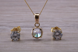 Round cut Yellow Gold C Z set Diamond Look Earrings and Matching Necklace