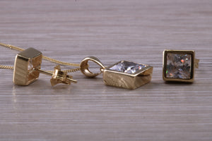 Square cut Yellow Gold Earrings and Matching Necklace