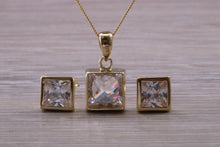 Load image into Gallery viewer, Square cut Yellow Gold Earrings and Matching Necklace