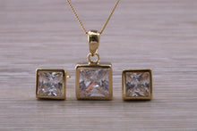 Load image into Gallery viewer, Square cut Yellow Gold Earrings and Matching Necklace