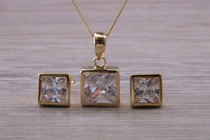 Square cut Yellow Gold Earrings and Matching Necklace