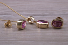 Load image into Gallery viewer, Oval cut Pink Sapphire Earrings and Matching Necklace Set in Yellow Gold