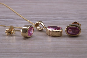 Oval cut Pink Sapphire Earrings and Matching Necklace Set in Yellow Gold