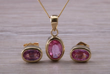 Load image into Gallery viewer, Oval cut Pink Sapphire Earrings and Matching Necklace Set in Yellow Gold