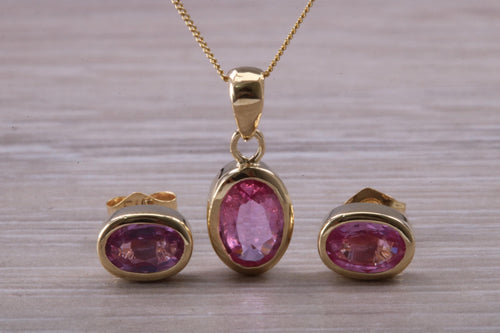 Oval cut Pink Sapphire Earrings and Matching Necklace Set in Yellow Gold