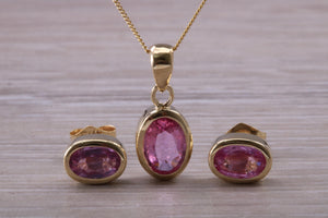 Oval cut Pink Sapphire Earrings and Matching Necklace Set in Yellow Gold