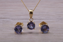 Load image into Gallery viewer, Round cut Tanzanite Earrings with Matching Necklace set in Yellow Gold