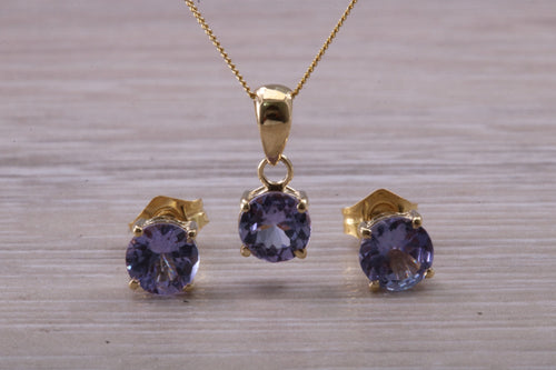 Round cut Tanzanite Earrings with Matching Necklace set in Yellow Gold